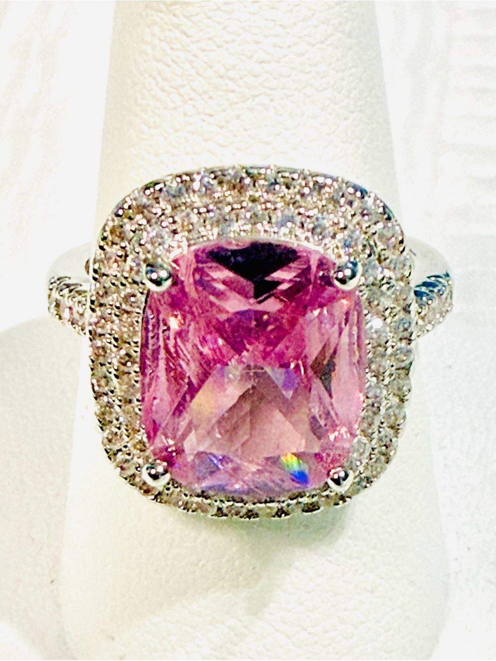 Pink Cushion Halo Ring with Double Pavé Band 7